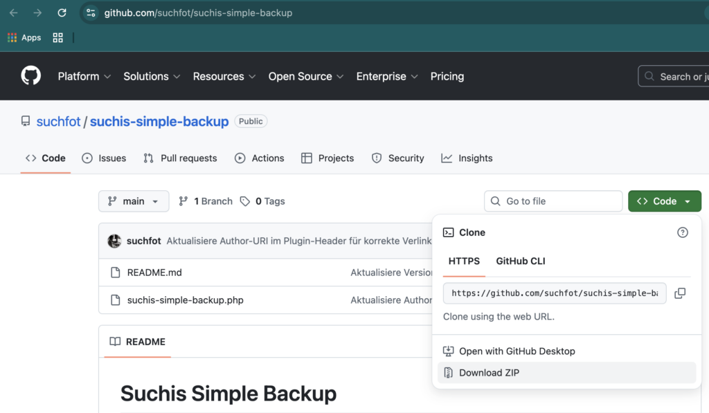 Screenshot von der Githubseite. Dort sieht man wo man klicken muss um das Plugin als ZIP File herunterladen zu können.